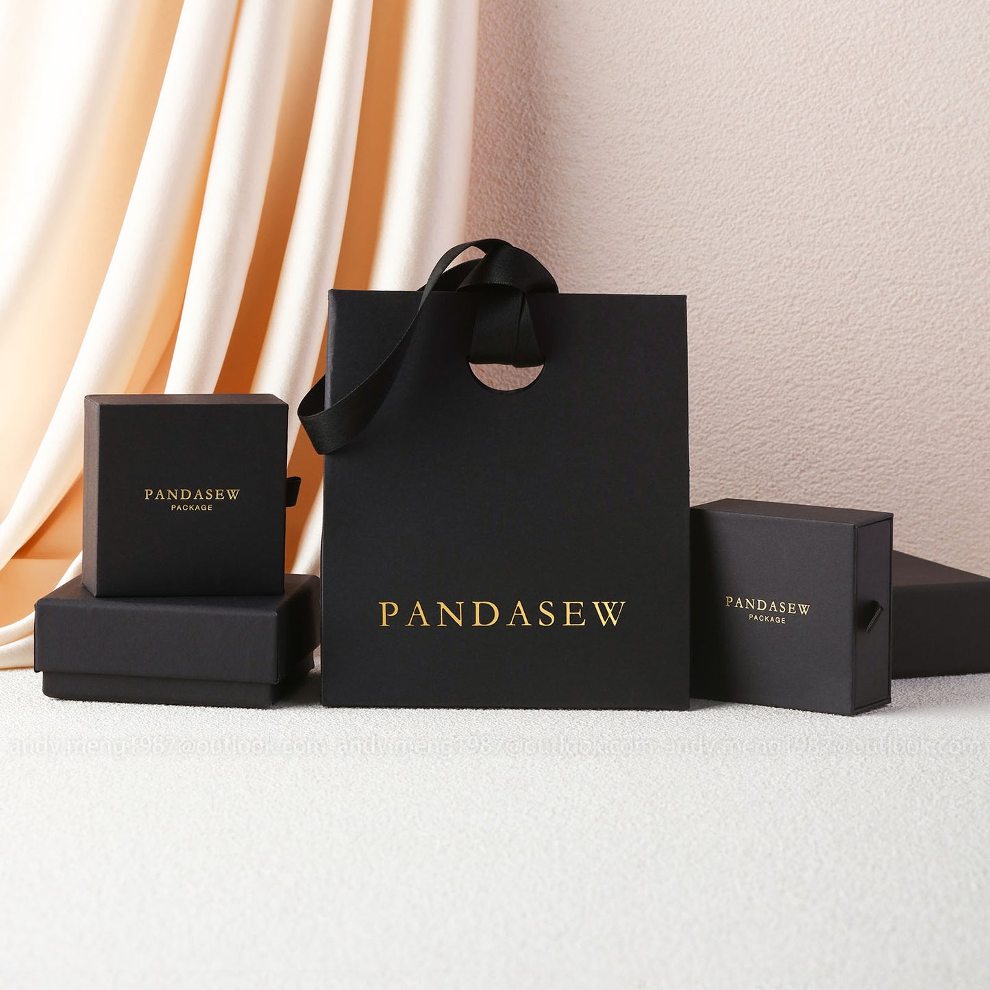 black paper bag with logo. Box with bag set