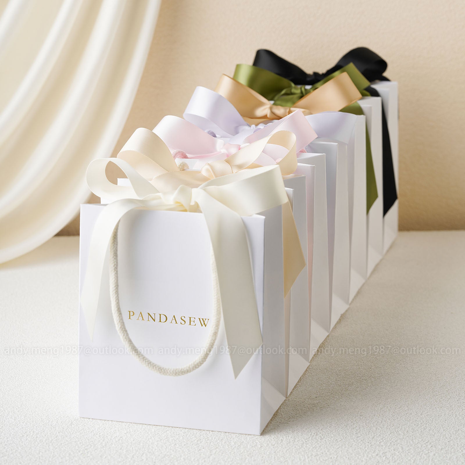 paper bag with colorful silk ribbon and tote