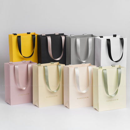 personalized colorful paper bag with shin ribbon tote